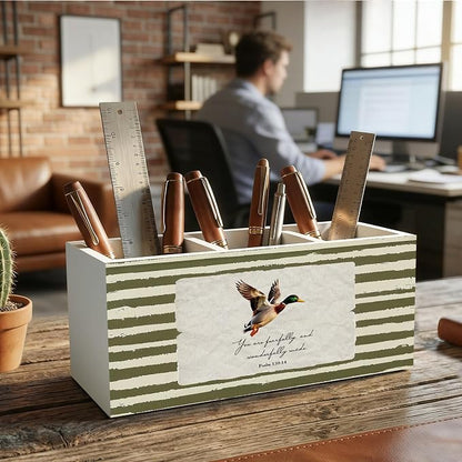 Mallard Duck Christian Pencil Pen Holder for Desk Organizer, Vintage Green Nursery Duck Cottagecore Wooden Box Decorations for Home Office Classroom Desk Tabletop Nursery Toddler Decor