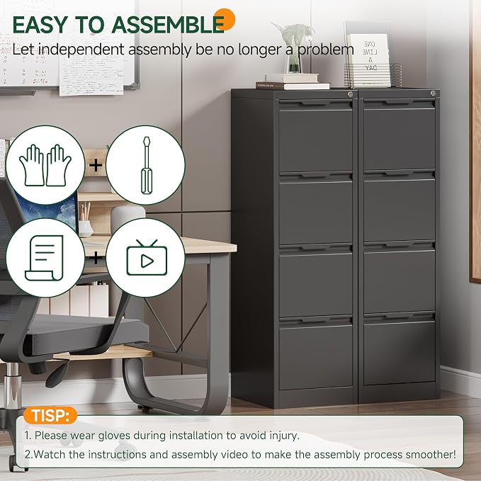 4 Drawer File Cabinet with Lock, Filing Cabinets for Home Office | Tall File Cabinet, Lockable File Cabinet, Metal File Cabinet for Letter/Legal/A4/F4 Size, Assemble Required