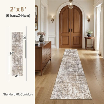 UERMEI 2x8 Washable Runner Rug for Hallway, Non Slip Low Pile Kitchen Carpet, Neutral Modern Abstract Indoor Floor Mat for Entryway Laundry, Kid & Pet Safe High Traffic Area, Brown/Grey/Red