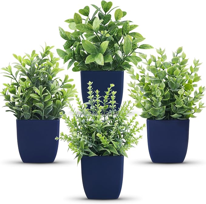 Der Rose 4 Pack Small Fake Plants Artificial Plants Indoor Office Desk Accessories for Aesthetic Room Decor Blue Bathroom Decor