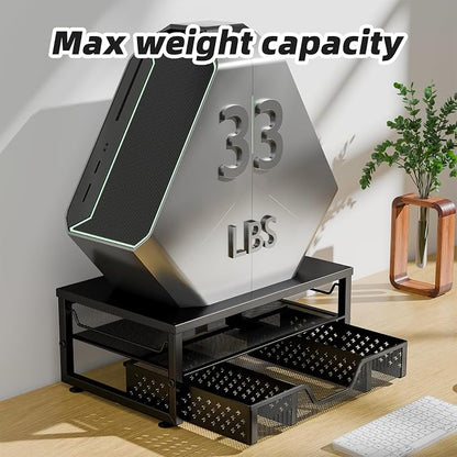 Simple Trending Monitor Stand Riser with Drawer, Black for Home Office | Metal 2-Tier Monitor Stand with Hidden Drawer | Ergonomic Neck Support | Desk Organizer | Space Saving | Fast Setup