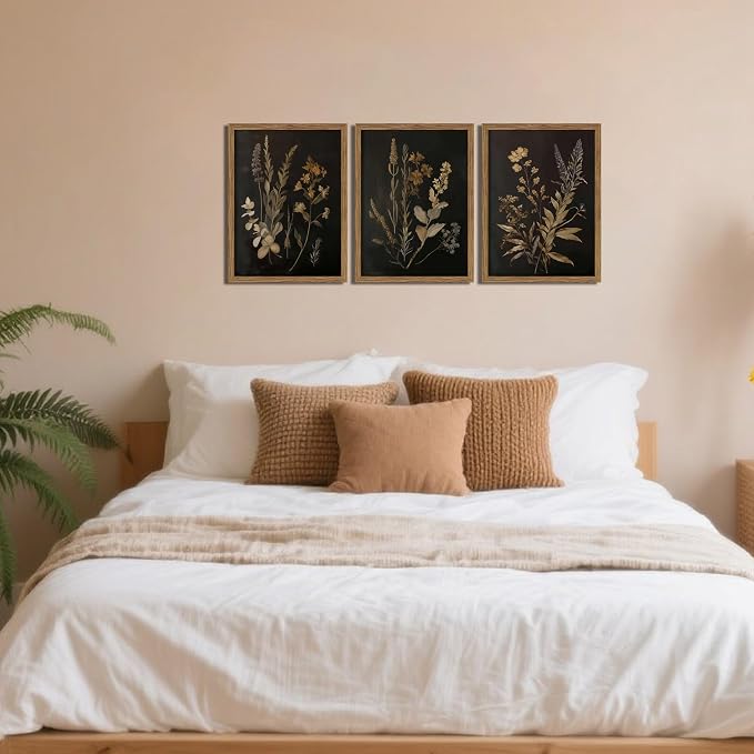 Framed Dark Botanical Wall Art Set of 3, Black Moody Floral Wall Decor Paintings, Dark Academia Decor, Vintage Flower Artwork Prints Pictures for Living Room Bedroom Bathroom 16x24 Inch