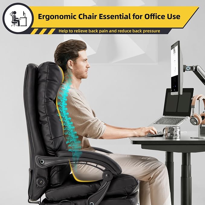 HOMREST Ergonomic Heated Reclining Office Chair, Black | USB Charging, 4-Point Vibration Massage, Adjustable Armrests & Footrest, Premium Leather