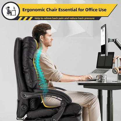 HOMREST Ergonomic Heated Reclining Office Chair, Black | USB Charging, 4-Point Vibration Massage, Adjustable Armrests & Footrest, Premium Leather