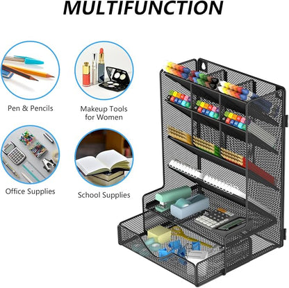 BOHDK Pen Organizer for Desk, Multi-Functional Desk Organizer, Wall Mount Pen Holder with Drawer for School, Office, Home, Art Supplies, Black