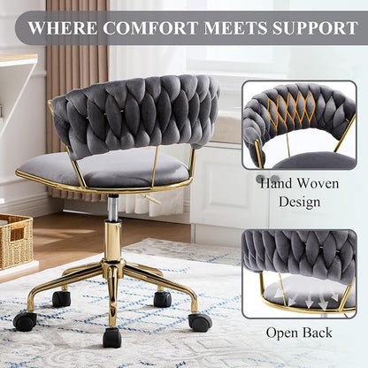NIOIIKIT Home Office Chair, Velvet Upholstered Task Chair with Woven Open Back, 360° Swivel Desk Chair with Wheels, Adjustable Vanity Chair, Computer Chair for Office, Studio (Grey)