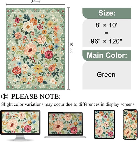 DUKINO 8x10 Area Rug, Floral Rugs for Living Room, Lightweight Non Slip Washable Rug, Indoor Low Pile & Non-Shedding Boho Design Rugs for Bedroom, Living Room, Dining Room, Green