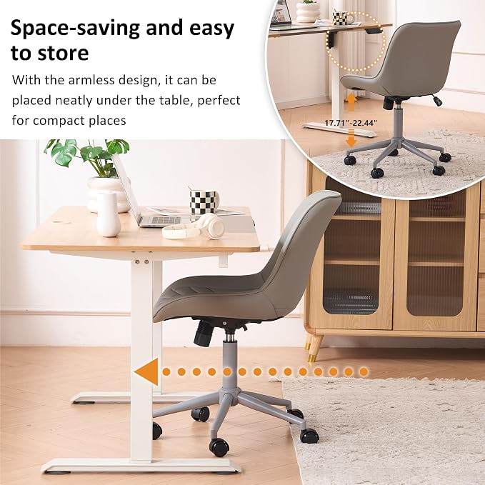 YOUNIKE Grey Faux Leather Ergonomic Office Chair Armless Comfy Desk Chair with Rocking Back Cute Swivel Vanity Chair with Wheels Height Adjustable Small Computer Task Chair for Sewing Drafting