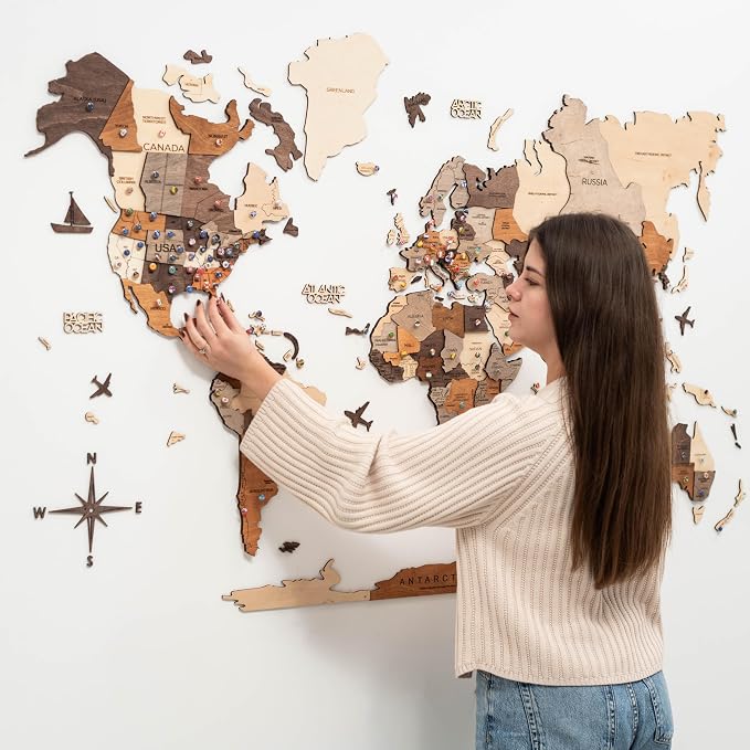 Enjoy The Wood 3D Wooden World Map Wall Art - Large Travel Map with Pins for Art Decor - Decorative Map of the World for Home, Office - Travel Wall Art Housewarming Gift Idea (Multicolor, 3XL, Unframed)