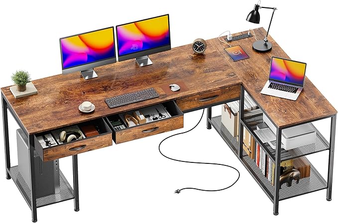 PRAISUN 63 Inch L Shaped Office Desk with Power Outlets and Type-C Port, Large Computer Gaming Desk with 3 Fabric Drawers, Mesh Shelves, Corner Study Work Writing Desk, Rustic Brown