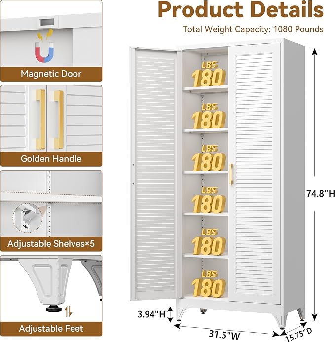 Polup 75" Kitchen Pantry Cabinet, White Metal Storage Cabinet with Doors and 5 Adjustable Shelves, Tall Metal Pantry Cabinets, Large Cupboard for Kitchen, Dining Living Room, Bathroom, Office