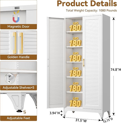 Polup 75" Kitchen Pantry Cabinet, White Metal Storage Cabinet with Doors and 5 Adjustable Shelves, Tall Metal Pantry Cabinets, Large Cupboard for Kitchen, Dining Living Room, Bathroom, Office