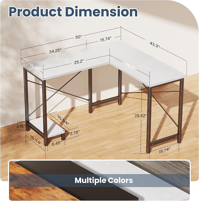 DUMOS L Shaped Desk, Computer Gaming Desks Corner Office Table with CPU Shelf for Home Study Writing Work Station 50 Inch, Sturdy Modern Design, Ideal for PC Setup, Study, and Home Office Use, White