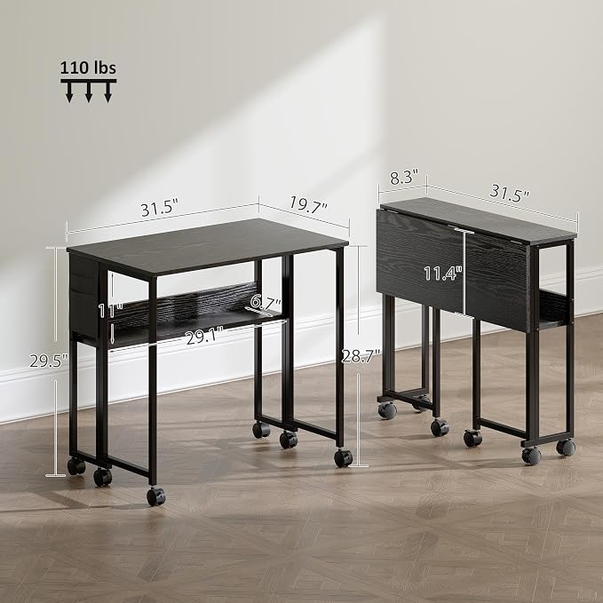 HOMCOM Small Folding Desk, Rolling Computer Desk Foldable with Storage Bag and Shelf, 31.5" Portable Writing Table on Wheels for Small Spaces, Home Office, Study, Easy Assembly, Black