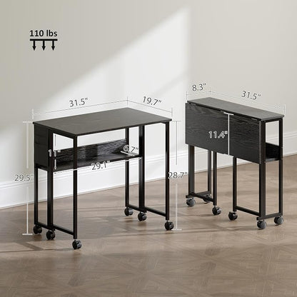 HOMCOM Small Folding Desk, Rolling Computer Desk Foldable with Storage Bag and Shelf, 31.5" Portable Writing Table on Wheels for Small Spaces, Home Office, Study, Easy Assembly, Black