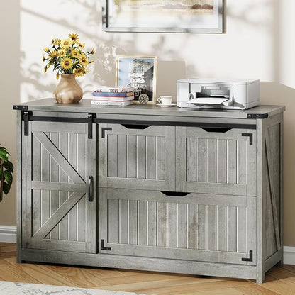 Halitaa 47.8” Farmhouse Lateral File Cabinet with Sliding Barn Door, 3 Drawers Filing Storage Cabinets with Adjustable Shelf, Office Printer Stand for Hanging Files Letter/Legal/A4/F4.Grey