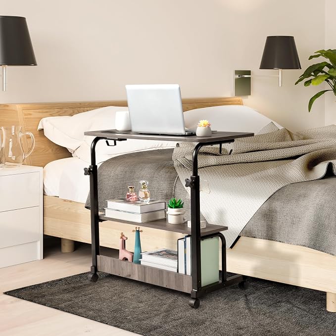 Karl home 31.5" Portable Rolling Desk on Wheels,Height Adjustable Standing Desk with 2 AC Outlets/3 USB Ports,Mobile Laptop Table with Hooks and Storage Shelves for Home Office，Grey Oak
