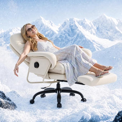 FLEXISPOT Cooling Ergonomic Office Chair with Footrest Indoor Lounge Computer Chair with 90-165° 4-Level Reclining, Chairs for Working Relaxing Sleeping, Tech Cooling Leather with 0.4 Q-Max, White