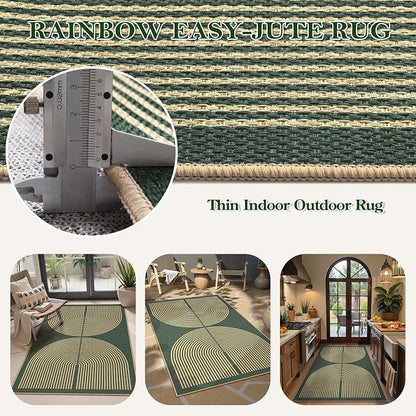 Lahome Enfys Modern Rainbow Easy Jute Entry Rug, 3x5 Washable Outdoor Patio Porch Rug, Farmhouse Non Slip Non Shedding Dark Green Carpet for Dorm Living Room Deck Front Door Kitchen