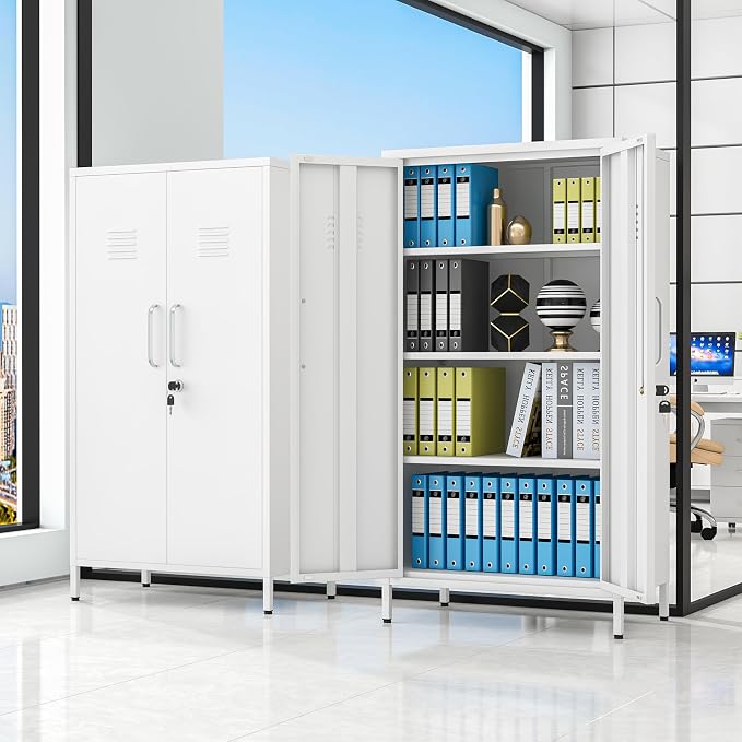 pozdeg 47.24" Metal Storage Locker with Lockable, Employees Metal Steel Locker with 2 Door ＆ 3 Adjustable Shelves, Small Locker Storage Cabinets for Home, School, Office, Gym (White)
