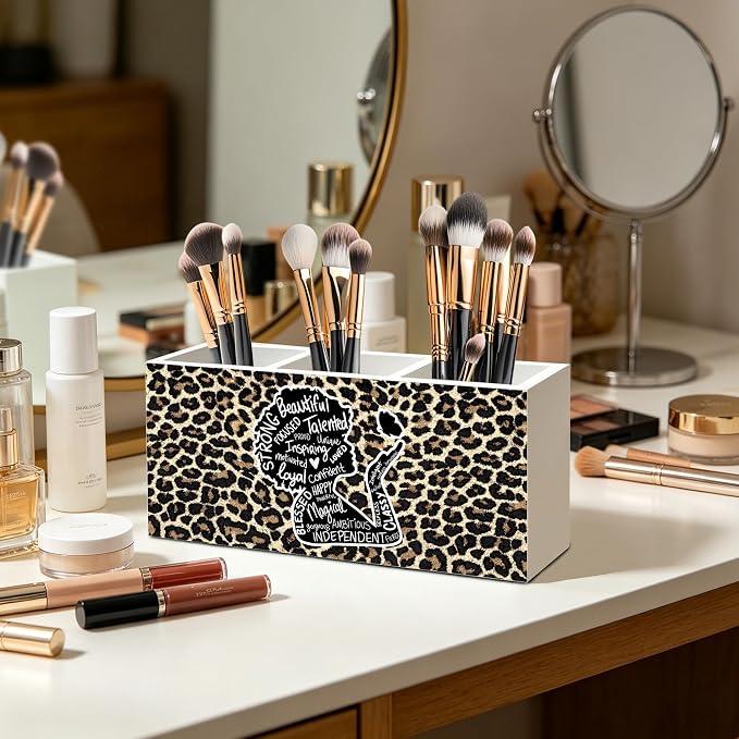 Inspirational Black Girl Woman Leopard Print Makeup Brush Toothbrush Holder for African American Women, Black Girl Magic Cheetah Print Wood Signs Pen Pencil Holder Organizer Desk Accessories