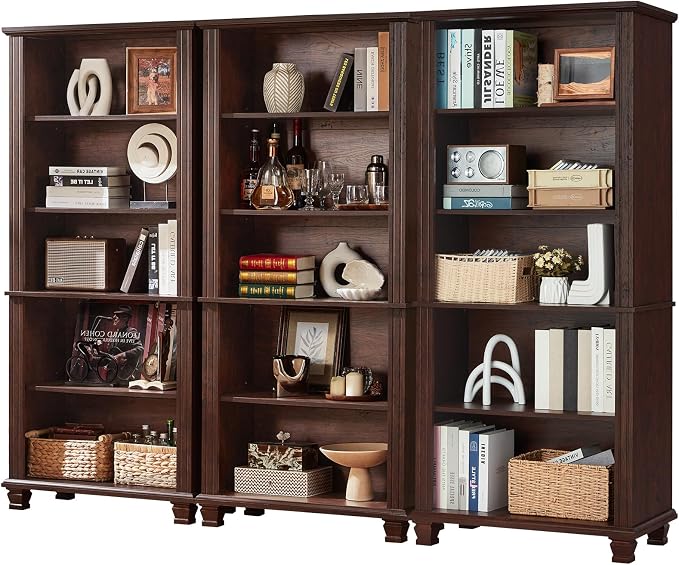 SAVOR LIFE 70" Tall Walnut Bookshelf,5 Tier Wooden Book Shelf with Adjustable Shelves & Wood Legs,Free Standing Farmhouse Bookcase with Open Display Storage,Vintage Bookshelves for Classroom, 3PCS