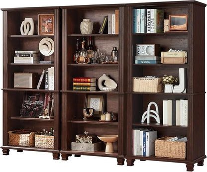 SAVOR LIFE 70" Tall Walnut Bookshelf,5 Tier Wooden Book Shelf with Adjustable Shelves & Wood Legs,Free Standing Farmhouse Bookcase with Open Display Storage,Vintage Bookshelves for Classroom, 3PCS