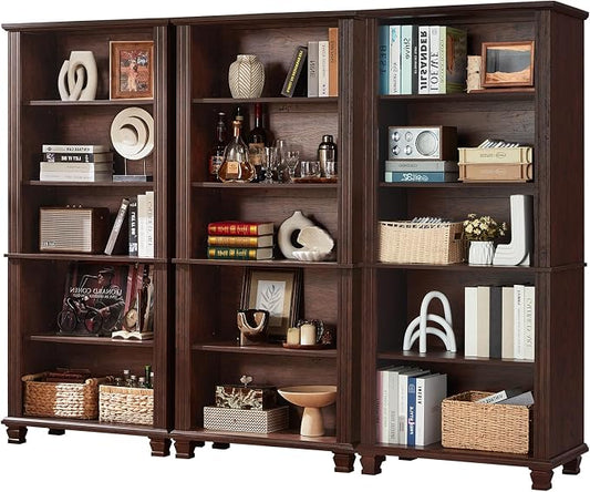 SAVOR LIFE 70" Tall Walnut Bookshelf,5 Tier Wooden Book Shelf with Adjustable Shelves & Wood Legs,Free Standing Farmhouse Bookcase with Open Display Storage,Vintage Bookshelves for Classroom, 3PCS