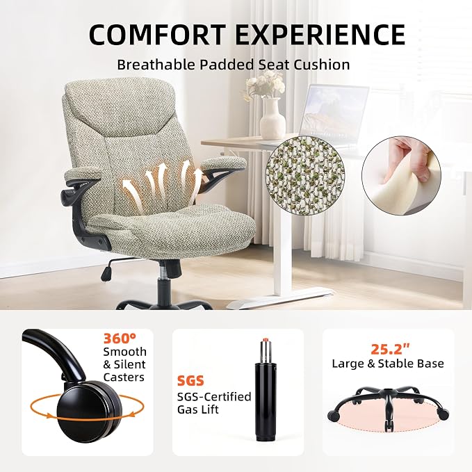 Home Office Ergonomic Desk Chair - Comfy Fabric Executive Chair with Flip-Up Armrests, Height Adjustable Computer Chair for Gaming, 360° Swivel & Rocking (Mint Green)