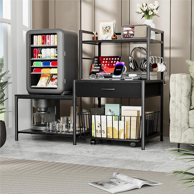 Saudism 3D Printer Stand with Storage Drawer and Rolling Filament Basket, Industrial Printer Table with Open Shelves and Hooks, Sturdy Metal Workstation for 3D Printing Tools and Accessories (Black)