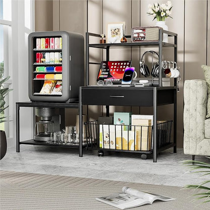 Saudism 3D Printer Stand with Storage Drawer and Rolling Filament Basket, Industrial Printer Table with Open Shelves and Hooks, Sturdy Metal Workstation for 3D Printing Tools and Accessories (Black)