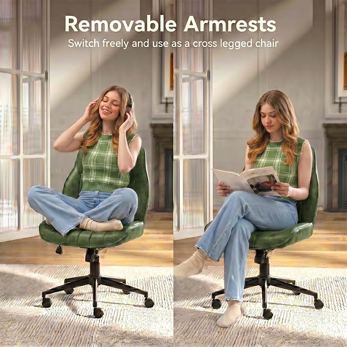 Green Leather Office Chair, Mid Century Home Office Desk Chair | Ergonomic Curve Design, Removable Padded Arms, Height Adjustable Swivel Seat & Smooth Wheels, Vintage Mid-Back Computer Chair