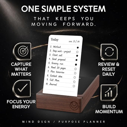Daily Planner To Do List Notepad - Checklist & Goal Cards for ADHD Focus - Walnut Display + Planner Cards
