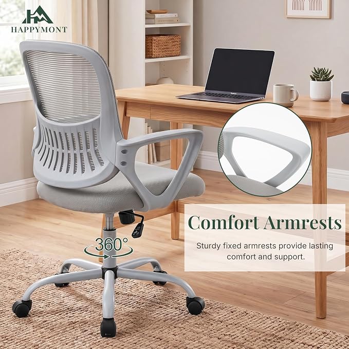 Home Office Desk Chair, Ergonomic Mid-Back Mesh Computer Task Chair with Comfortable Lumbar Support, Height Adjustable Swivel with Fixed Armrest for Adults, Student, Grey