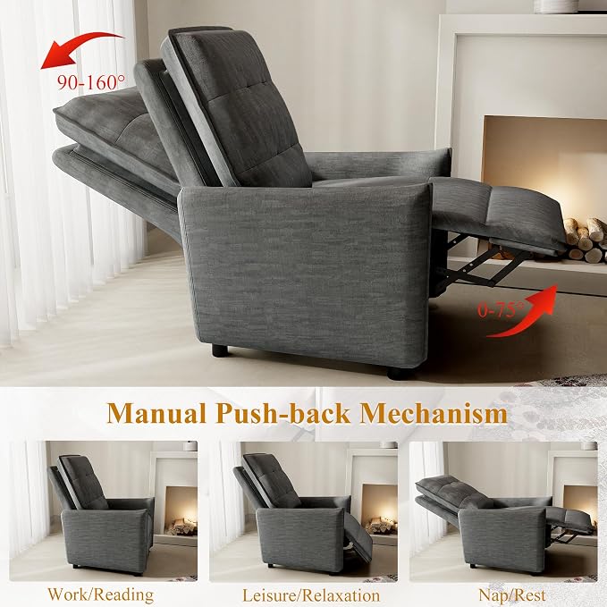 Recliner Chair for Women, Small Recliners for Small Spaces with High Back, Manual Push Back Nursery Chair Overstuffed High-Density Foam for Nursing Bedroom Living Room (Grey)
