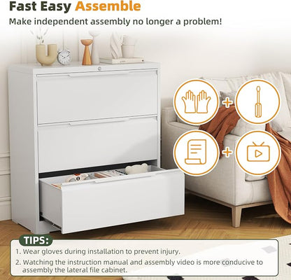 Lateral File Cabinet, 3 Drawer Lateral File Cabinet with Lock, Metal Lateral Filing Cabinet for Home Office, Office Organization Cabinet for Letter/Legal/F4/A4 Size