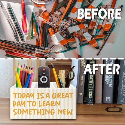 Inspirational Pen Pencil Holder Organizer for Desk, Motivational Gifts for Women, Today Is a Great Day to Learn Something New Wooden Box Sign for Home Office Desk Tabletop Decorations
