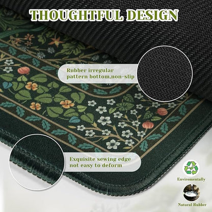 iCasso Aesthetic Floral Desk Mat, L Mouse Pads, Anti-Slip Mousepad with Stitched Edges, Waterproof Computer Pad 11.8"x31.5", Desk Accessories Office Decor for Women(Retro Green)