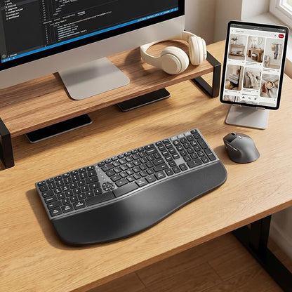 MEETION Ergonomic Keyboard and Mouse Wireless, Split Curved 2.4G & Bluetooth Keyboard Mouse, Full-size Cushioned Palm Rest Keyboard, 4 Adjustable DPI Mouse, Compatible for Windows/Mac/PC/Laptop, Black