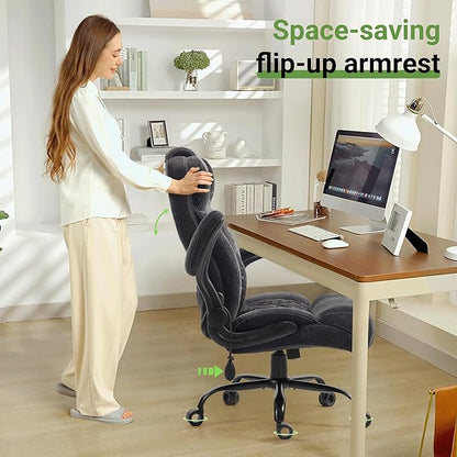 Office Chair, Big and Tall Executive Chairs with Lumbar Support for Back Pain,Breathable Desk Computer Chair with Adjustable Flip-up Armrests,Wide Cushion Swivel Home Office Chair Fabric black