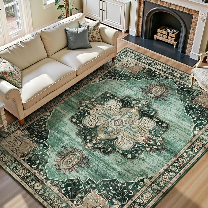 Lofus 8x10 Emerald Green Washable Rugs Non-Slip, Vintage Floral Area Rug for Living Room Bedroom Dining Room Kitchen, Low Pile Distress Print Medallion Carpet Home Decor Rug
