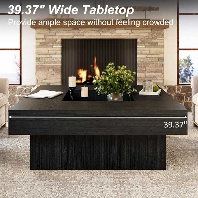LVB Black Coffee Table, Modern Wood Led Living Room Table with Storage, Unique Large Wide Square Center Table with LED Light, Contemporary Low Tea Table for Bedroom Home Office, 39.37 Inch, Black Oak