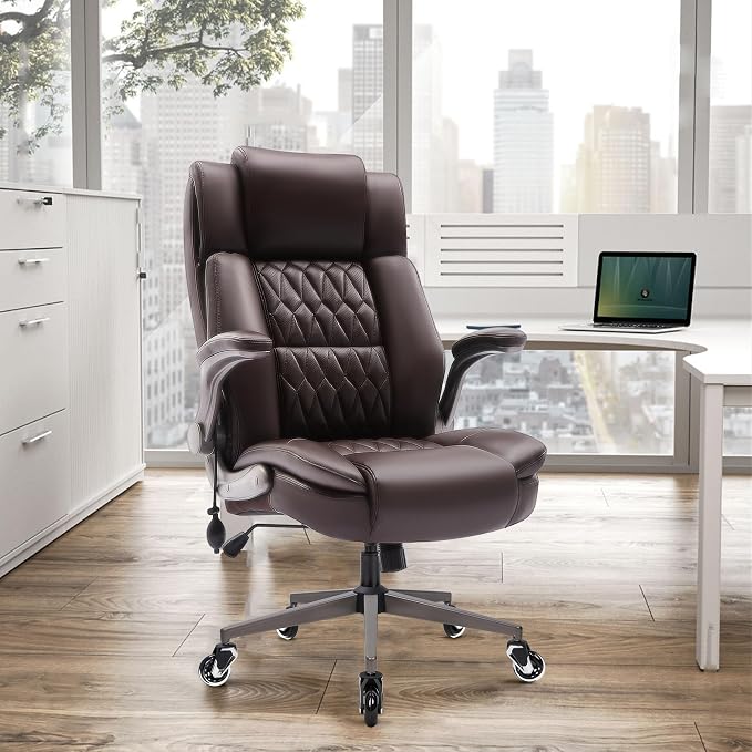 Large High Back Office Chair - Adjustable Lumbar Support Flip Up Arms Heavy Duty Quiet Wheels Metal Base Breathable Bonded Leather Ergonomic Executive Computer Desk Chair with Storage Bags, Brown