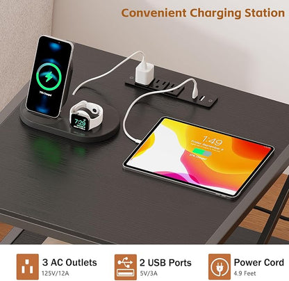 2-Tier Large Priner Stand with Charging Station, 20"×20" Under Desk Printer Table with Power Outlets and USB Ports for Home Office, Mini Fridge Stand, Storage Shelf for Scanner Fax Machine, Black