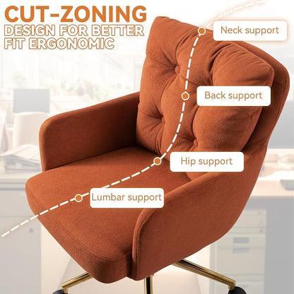Flannel Office Chair, Comfy Home Office Desk Chairs with Lumbar Support, Modern Velvet Desk Chair Gold Legs Small Swivel Task Chair for Home Office, Bedroom, Study (Orange, L)