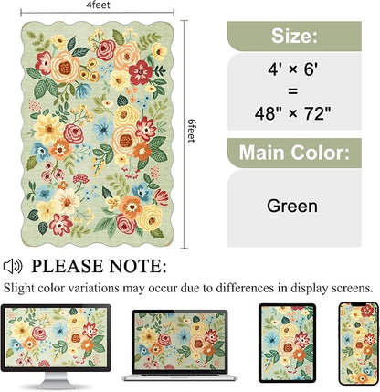 DUKINO 4x6 Area Rug, Floral Non-Slip Indoor Washable Rug with Low Pile & Non-Shedding, Lightwight Boho Design Carpet for Entryway, Bedroom, Kids Room, Living Room, Kitchen, Green