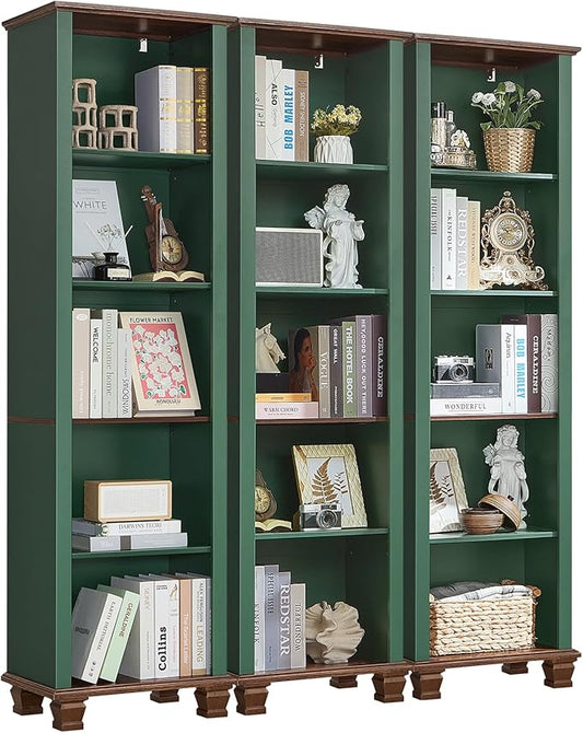 SAVOR LIFE Narrow Green Book Shelf, 70" Tall Skinny Bookshelf with Adjustable Shelves & Wooden Legs, Farmhouse Wood Bookcase w/5-Tier Open Storage, Free Standing Book Case for Office,Living Room,3PCS
