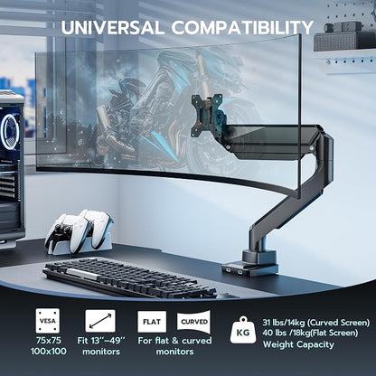 ARES WING Ultrawide Monitor Arm, Heavy Duty Single Monitor Mount for 13"-49" Curved Screens with USB, Adjustable Stand for Desk with C-clamp & Grommet Base up to 40 LBS, Black