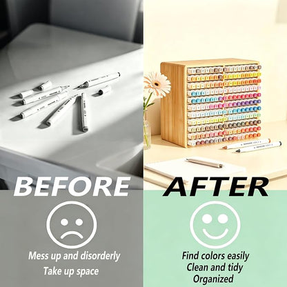 Bamboo Marker Organizer,Wooden Desktop Marker Storage,Art Supply Pencil Storage with 22 Compartments,Pen Holder for Office,Home,Classroom,Hold 176 Markers