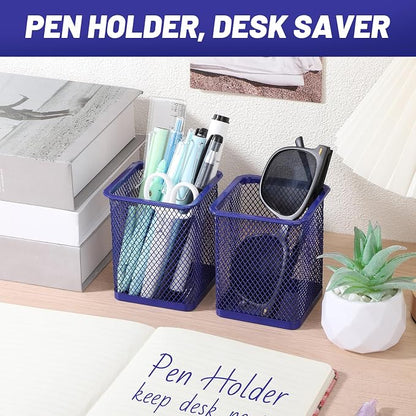 Segarty Pen Holder for Desk, 3 Pack Square Dark Blue Pen Cup Holder, Wire Mesh Pencil Container Set Desktop Organizer for Office Supplies, School, Home Table Accessories, Makeup Brush